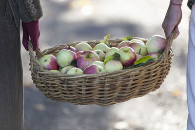 People carrying basket full of apples, close-up