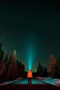 Rear view of person standing on road against sky at night