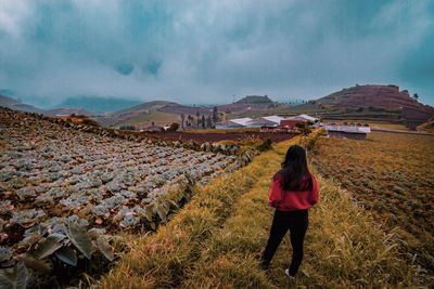 Rear view of woman standing on landscape against sky