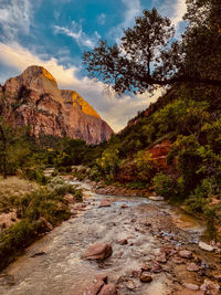 Scenic view of rock formation amidst trees against sky