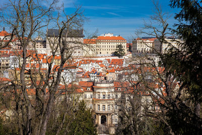 Prague city seen from the petrin gardens at the begining of spring