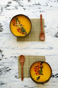 High angle view of eggs in bowl on table