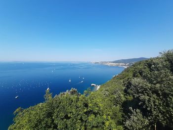 High angle view of sea against clear blue sky