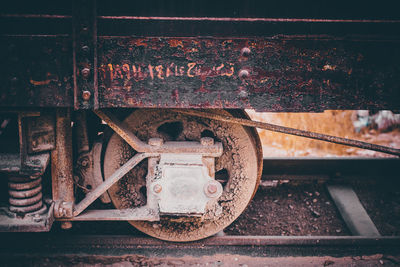 Close-up of abandoned train on railroad track