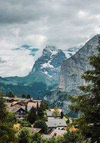 Chalets in swiss alps. switzerland, jungfrau. village murren in mountains. beautiful landscape