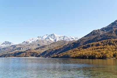 Scenic view of lake and mountains against clear sky