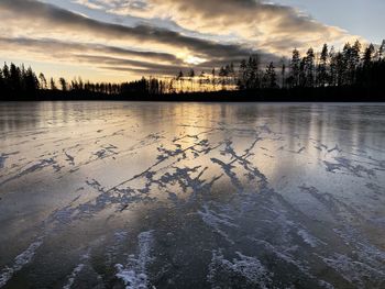 Scenic view of lake against sky during sunset