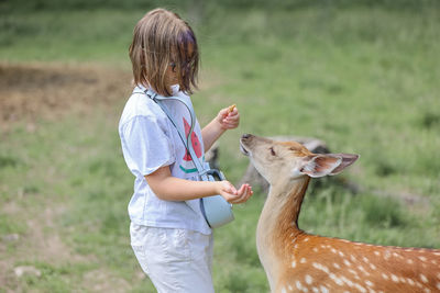 Cute girl feeding deer