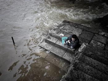 High angle view of man in water