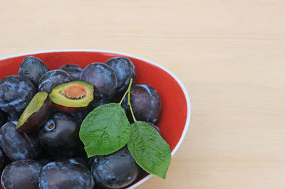 High angle view of fruits in bowl on table