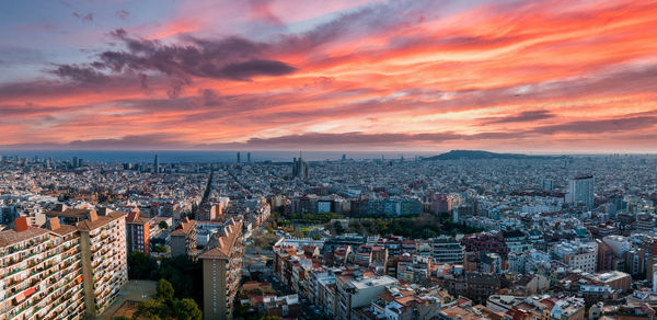 High angle view of townscape against sky during sunset