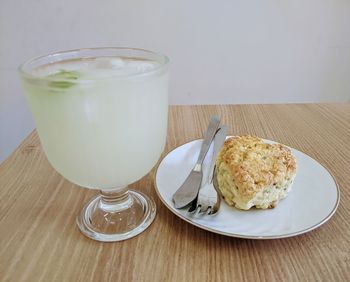 High angle view of breakfast served on table