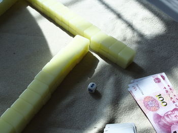 High angle view of objects on table