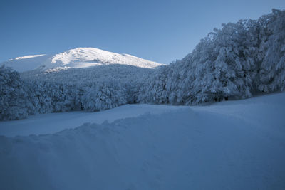 Scenic view of snow covered mountains against sky