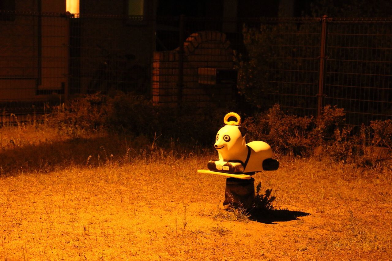 abandoned, old, toy, human representation, obsolete, no people, built structure, field, outdoors, illuminated, architecture, old-fashioned, damaged, wall - building feature, night, sunlight, building exterior, animal representation, lantern