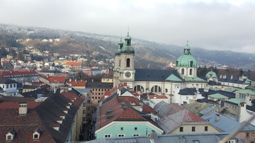 High angle view of townscape against sky in city