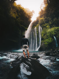 Man standing on rock against waterfall in forest