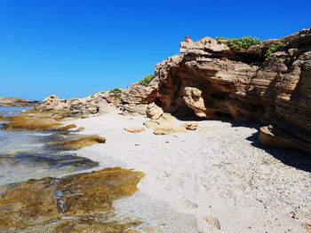 Rock formations against clear blue sky