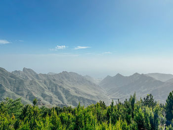 Scenic view of mountains against clear blue sky