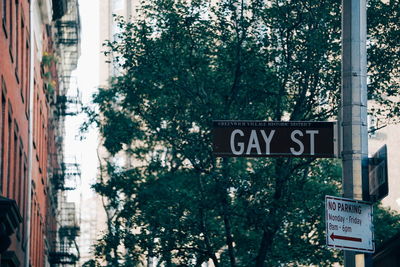 Road sign by trees in city
