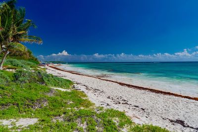 Scenic view of sea against blue sky