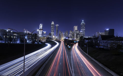 Light trails on road at night