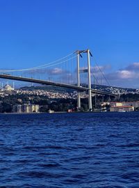 View of suspension bridge over river