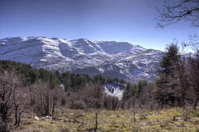 Scenic view of mountains against clear sky