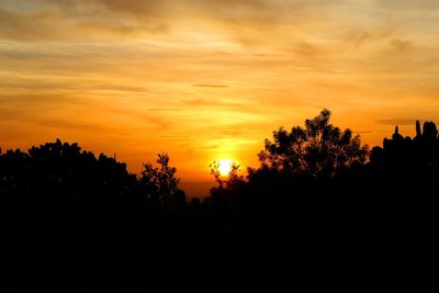 Silhouette trees against orange sky