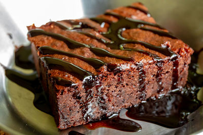 Close-up of chocolate cake in plate