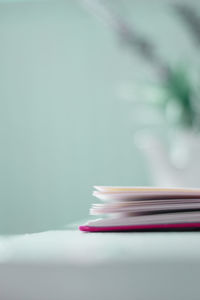 Close-up of stack of table