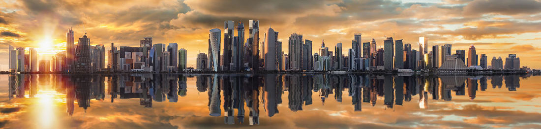 Panoramic view of buildings against sky during sunset