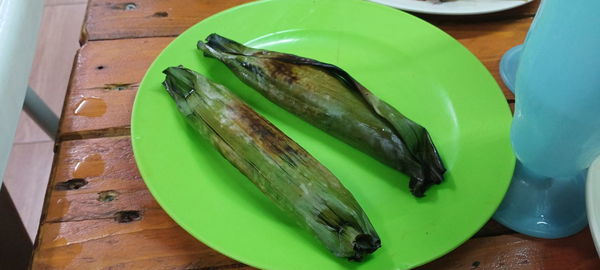 High angle view of fish on plate