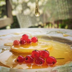 Close-up of honey over cherry on pancake
