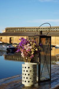 Flower pot by plants in city against clear sky