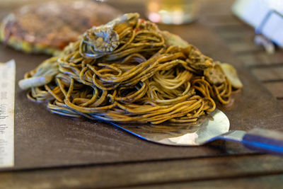 High angle view of noodles in bowl on table