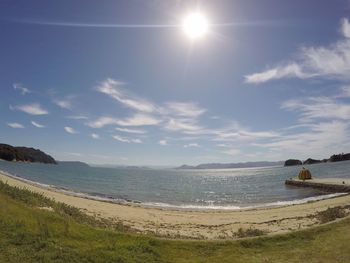 View of calm beach against blue sky