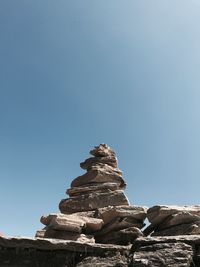 Low angle view of rock formations against clear blue sky