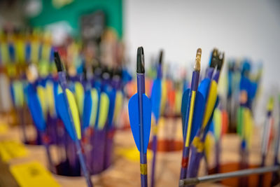 Close-up of colored pencils on table