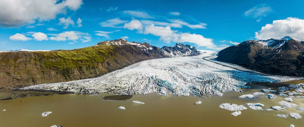 Aerial panoramic view of the skaftafell glacier, iceland