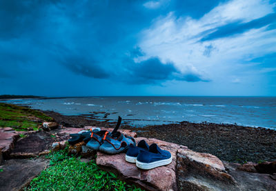 Scenic view of sea against blue sky