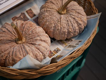 High angle view of bread in basket on table