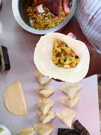 High angle view of food served on table