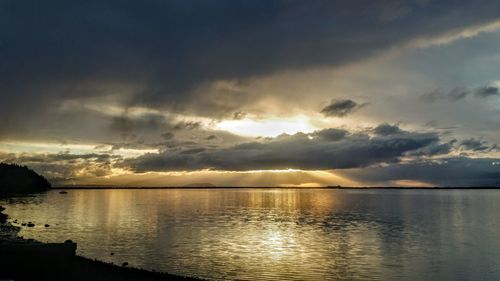 Scenic view of lake against sky during sunset