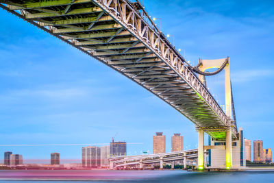 Low angle view of bridge and buildings against sky