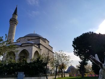 Low angle view of trees and buildings against sky