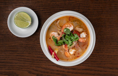 High angle view of soup in bowl on table