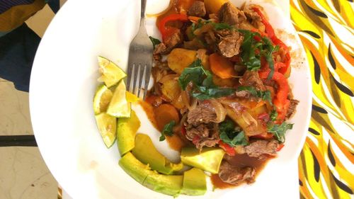 High angle view of food in plate on table