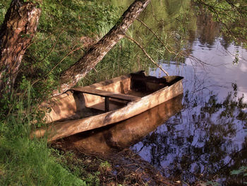 High angle view of boat moored in forest