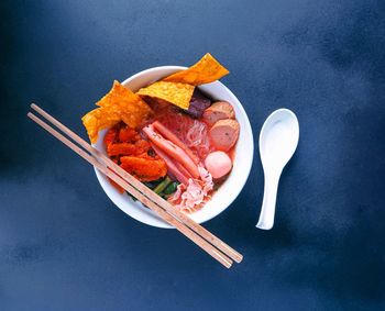 High angle view of food in plate on table